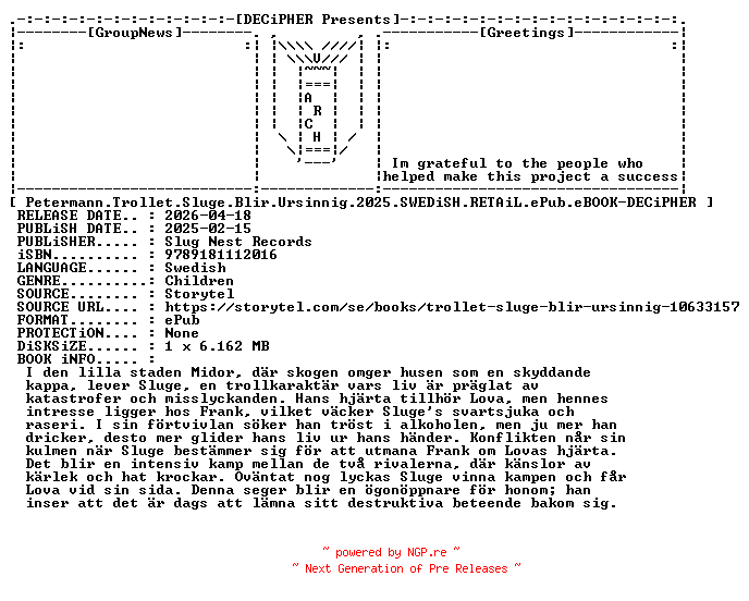 NFO for the release Petermann.Trollet.Sluge.Blir.Ursinnig.2025.SWEDiSH.RETAiL.ePub.eBOOK-DECiPHER by DECiPHER