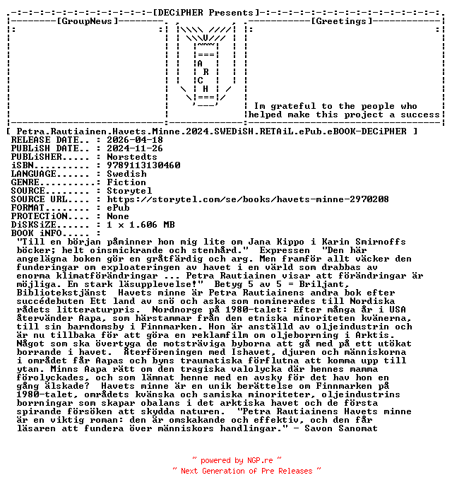 NFO for the release Petra.Rautiainen.Havets.Minne.2024.SWEDiSH.RETAiL.ePub.eBOOK-DECiPHER by DECiPHER