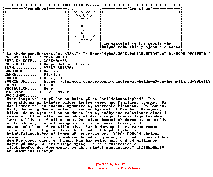 NFO for the release Sarah.Morgan.Kunsten.At.Holde.Pa.En.Hemmelighed.2025.DANiSH.RETAiL.ePub.eBOOK-DECiPHER by DECiPHER