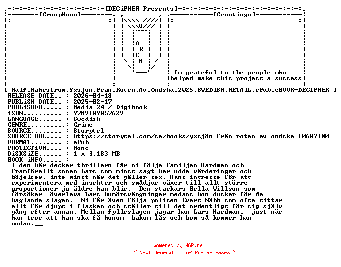 NFO for the release Ralf.Nahrstrom.Yxsjon.Fran.Roten.Av.Ondska.2025.SWEDiSH.RETAiL.ePub.eBOOK-DECiPHER by DECiPHER
