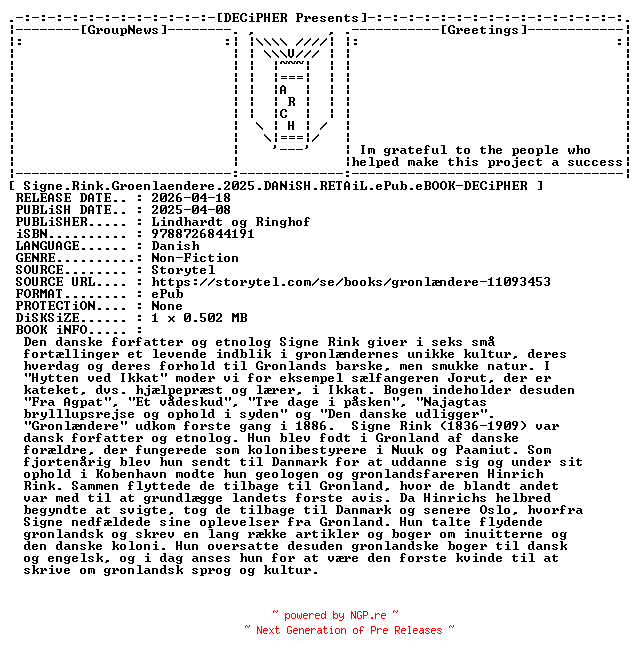 NFO for the release Signe.Rink.Groenlaendere.2025.DANiSH.RETAiL.ePub.eBOOK-DECiPHER by DECiPHER