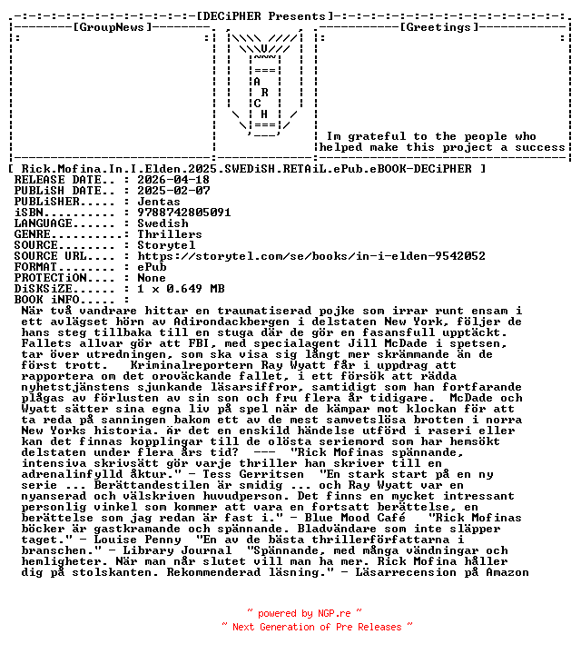 NFO for the release Rick.Mofina.In.I.Elden.2025.SWEDiSH.RETAiL.ePub.eBOOK-DECiPHER by DECiPHER