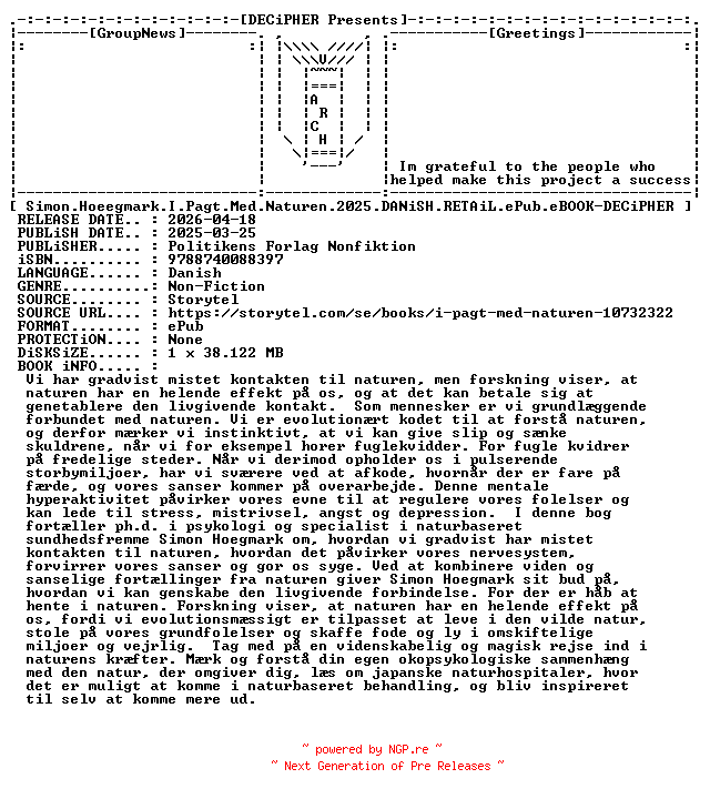 NFO for the release Simon.Hoeegmark.I.Pagt.Med.Naturen.2025.DANiSH.RETAiL.ePub.eBOOK-DECiPHER by DECiPHER