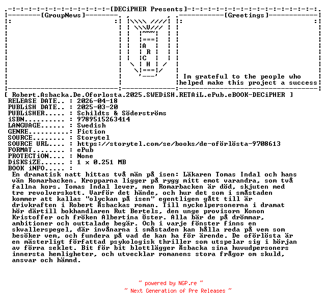 NFO for the release Robert.Asbacka.De.Oforlosta.2025.SWEDiSH.RETAiL.ePub.eBOOK-DECiPHER by DECiPHER