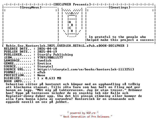 NFO for the release Robin.Sno.Kontorslek.2025.SWEDiSH.RETAiL.ePub.eBOOK-DECiPHER by DECiPHER