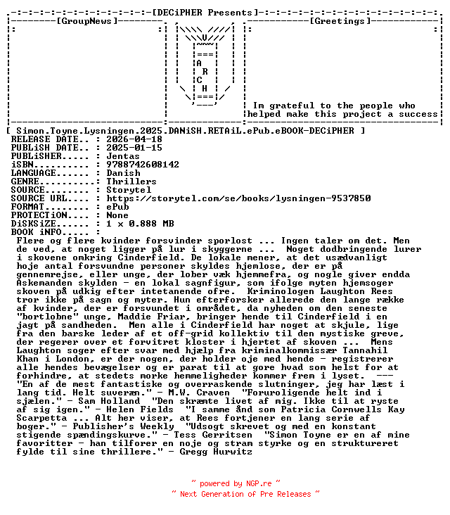 NFO for the release Simon.Toyne.Lysningen.2025.DANiSH.RETAiL.ePub.eBOOK-DECiPHER by DECiPHER