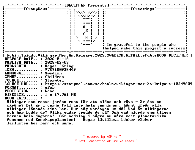 NFO for the release Robin.Twiddy.Vikingar.Mer.An.Krigare.2025.SWEDiSH.RETAiL.ePub.eBOOK-DECiPHER by DECiPHER