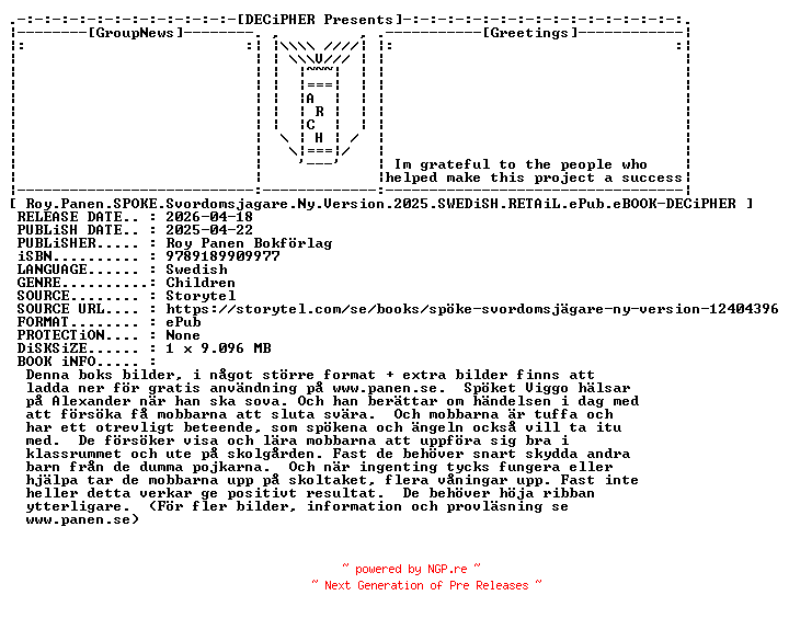 NFO for the release Roy.Panen.Spoke.Svordomsjagare.Ny.Version.2025.SWEDiSH.RETAiL.ePub.eBOOK-DECiPHER by DECiPHER