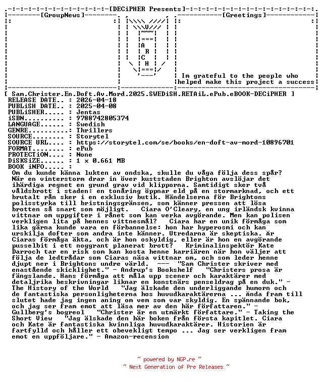 NFO for the release Sam.Christer.En.Doft.Av.Mord.2025.SWEDiSH.RETAiL.ePub.eBOOK-DECiPHER by DECiPHER