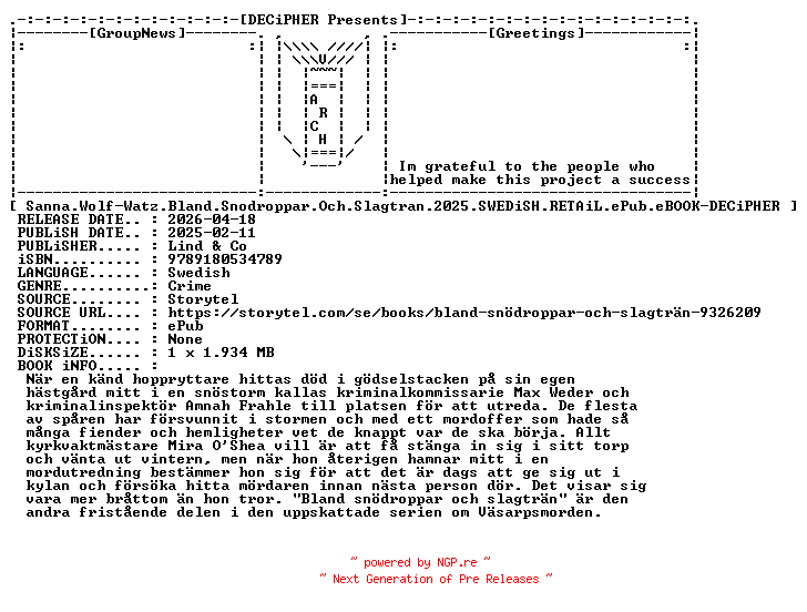NFO for the release Sanna.Wolf.Watz.Bland.Snodroppar.Och.Slagtran.2025.SWEDiSH.RETAiL.ePub.eBOOK-DECiPHER by DECiPHER