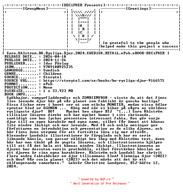 NFO for the release Sara.Ahlstrom.Bu.Rysliga.Djur.2024.SWEDiSH.RETAiL.ePub.eBOOK-DECiPHER by DECiPHER