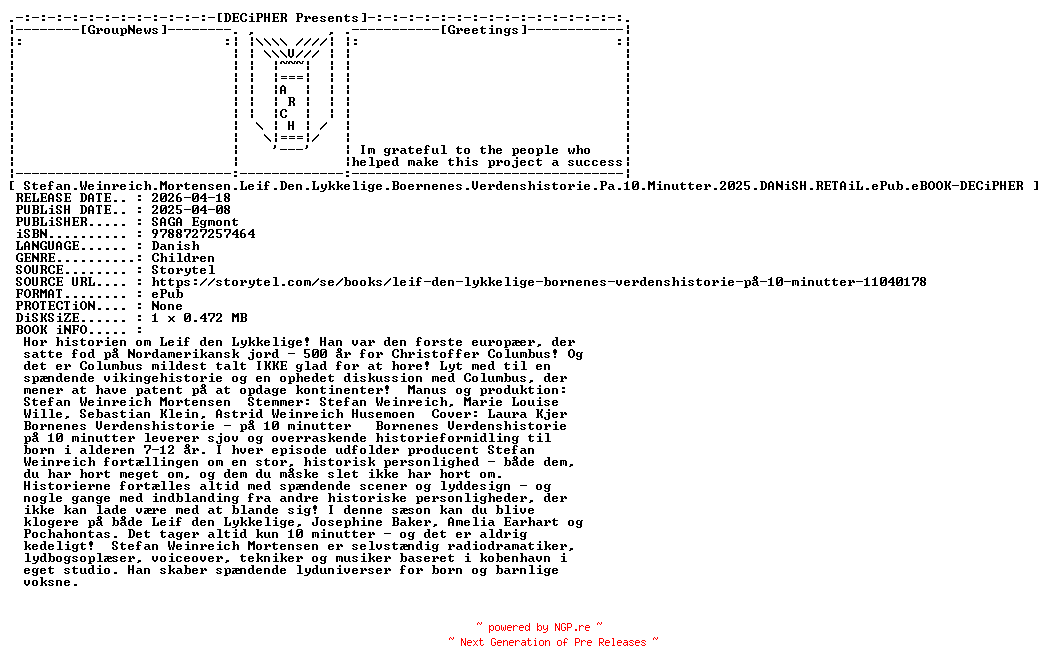 NFO for the release Stefan.Weinreich.Mortensen.Leif.Den.Lykkelige.Boernenes.Verdenshistorie.Pa.10.Minutter.2025.DANiSH.RETAiL.ePub.eBOOK-DECiPHER by DECiPHER