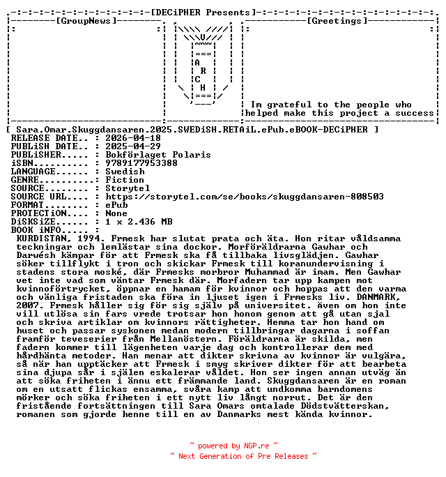 NFO for the release Sara.Omar.Skuggdansaren.2025.SWEDiSH.RETAiL.ePub.eBOOK-DECiPHER by DECiPHER