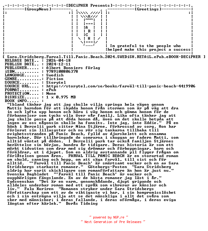 NFO for the release Sara.Stridsberg.Farval.Till.Panic.Beach.2024.SWEDiSH.RETAiL.ePub.eBOOK-DECiPHER by DECiPHER