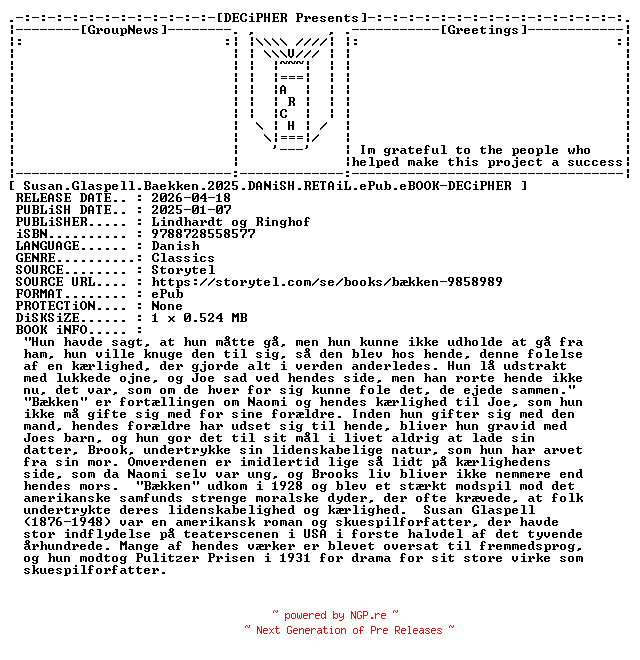 NFO for the release Susan.Glaspell.Baekken.2025.DANiSH.RETAiL.ePub.eBOOK-DECiPHER by DECiPHER