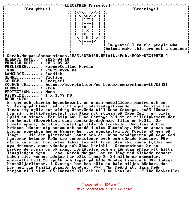 NFO for the release Sarah.Morgan.Sommarminnen.2025.SWEDiSH.RETAiL.ePub.eBOOK-DECiPHER by DECiPHER
