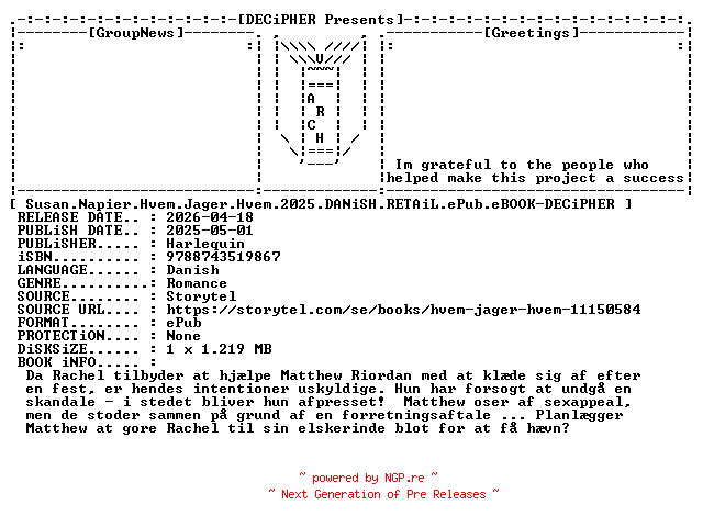 NFO for the release Susan.Napier.Hvem.Jager.Hvem.2025.DANiSH.RETAiL.ePub.eBOOK-DECiPHER by DECiPHER
