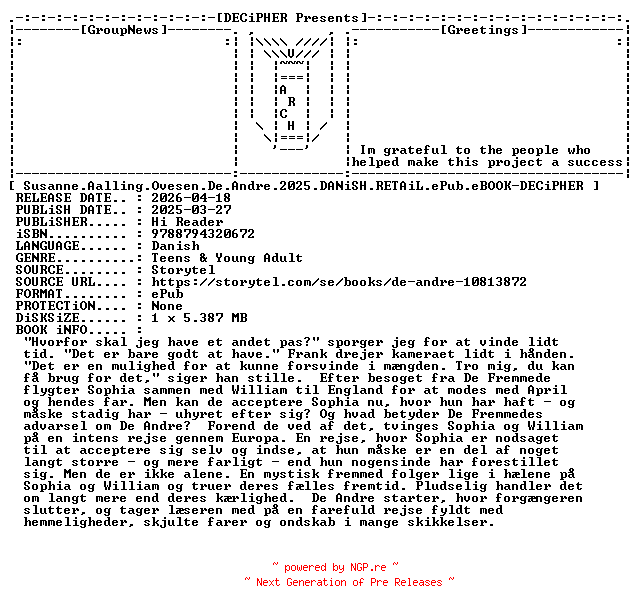 NFO for the release Susanne.Aalling.Ovesen.De.Andre.2025.DANiSH.RETAiL.ePub.eBOOK-DECiPHER by DECiPHER