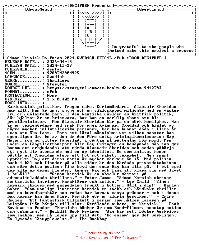 NFO for the release Simon.Kernick.Do.Ensam.2024.SWEDiSH.RETAiL.ePub.eBOOK-DECiPHER by DECiPHER