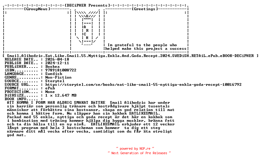 NFO for the release Smail.Alihodzic.Eat.Like.Smail.55.Nyttiga.Enkla.And.Goda.Recept.2024.SWEDiSH.RETAiL.ePub.eBOOK-DECiPHER by DECiPHER