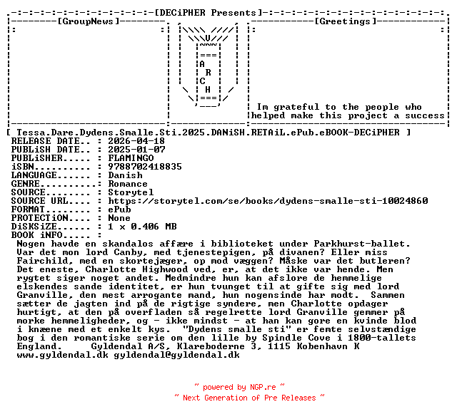 NFO for the release Tessa.Dare.Dydens.Smalle.Sti.2025.DANiSH.RETAiL.ePub.eBOOK-DECiPHER by DECiPHER
