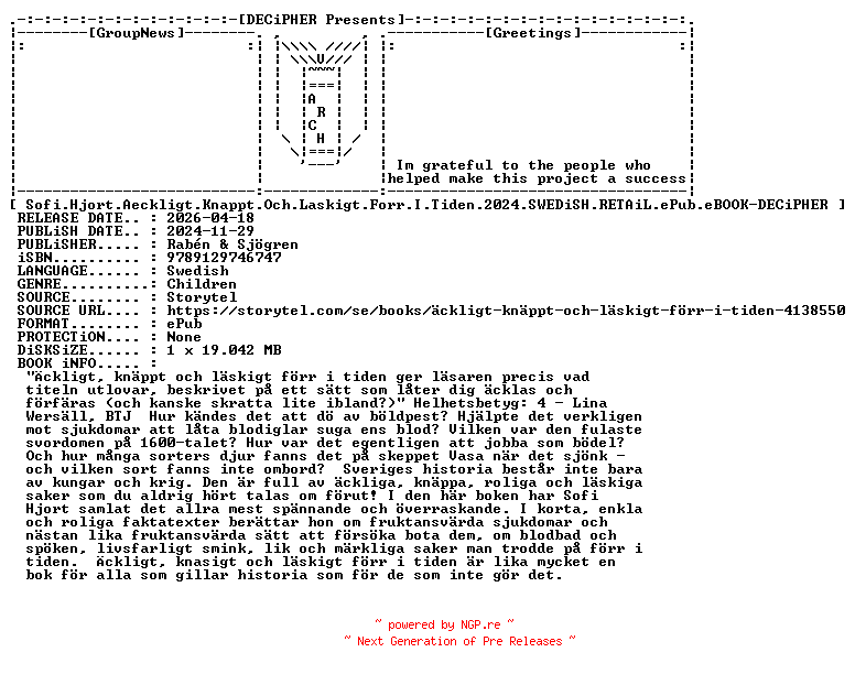 NFO for the release Sofi.Hjort.Aeckligt.Knappt.Och.Laskigt.Forr.I.Tiden.2024.SWEDiSH.RETAiL.ePub.eBOOK-DECiPHER by DECiPHER