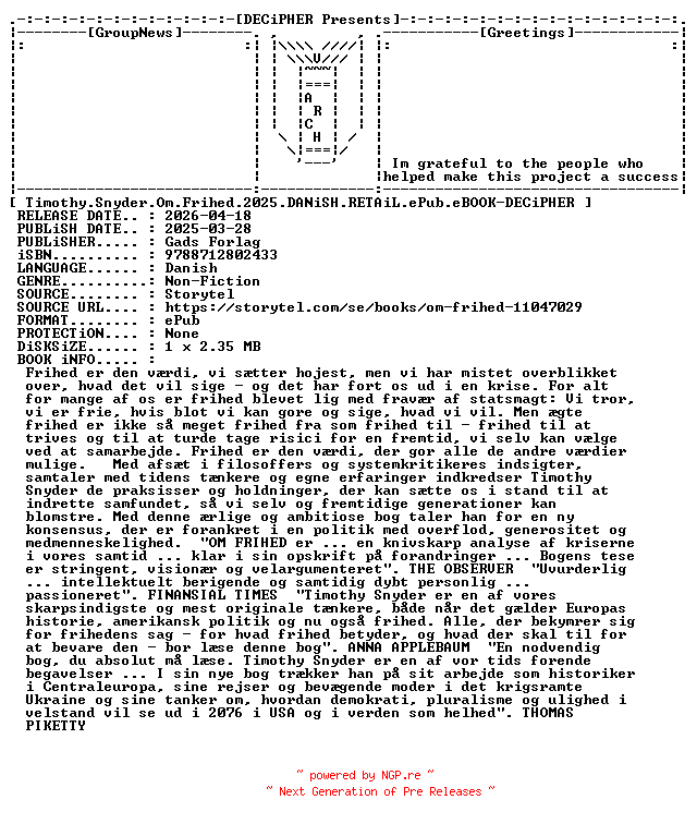 NFO for the release Timothy.Snyder.Om.Frihed.2025.DANiSH.RETAiL.ePub.eBOOK-DECiPHER by DECiPHER