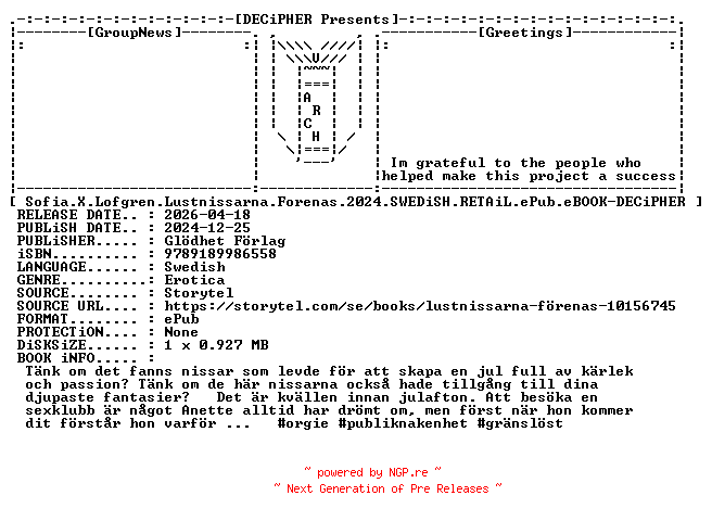 NFO for the release Sofia.X.Lofgren.Lustnissarna.Forenas.2024.SWEDiSH.RETAiL.ePub.eBOOK-DECiPHER by DECiPHER