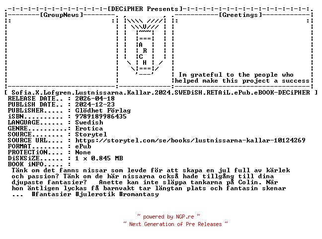NFO for the release Sofia.X.Lofgren.Lustnissarna.Kallar.2024.SWEDiSH.RETAiL.ePub.eBOOK-DECiPHER by DECiPHER