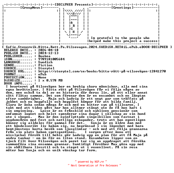 NFO for the release Sofie.Stenervik.Hitta.Ratt.Pa.Vilsevagen.2024.SWEDiSH.RETAiL.ePub.eBOOK-DECiPHER by DECiPHER