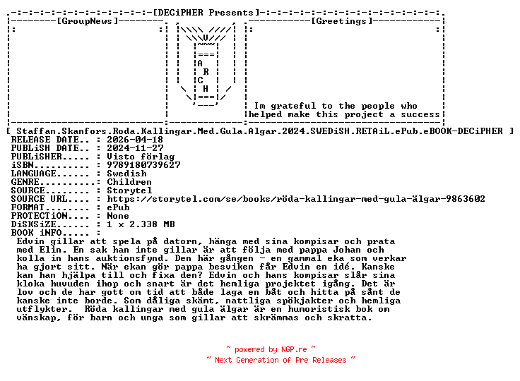 NFO for the release Staffan.Skanfors.Roda.Kallingar.Med.Gula.Algar.2024.SWEDiSH.RETAiL.ePub.eBOOK-DECiPHER by DECiPHER