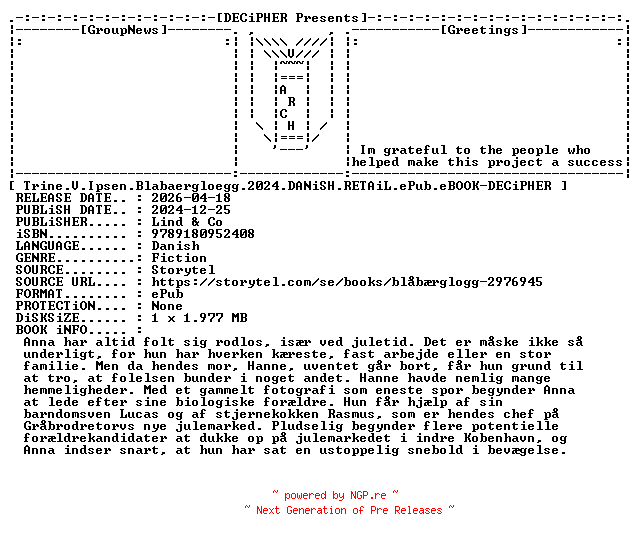 NFO for the release Trine.V.Ipsen.Blabaergloegg.2024.DANiSH.RETAiL.ePub.eBOOK-DECiPHER by DECiPHER