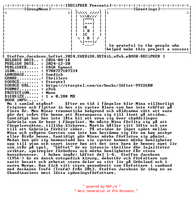 NFO for the release Steffen.Jacobsen.Loftet.2024.SWEDiSH.RETAiL.ePub.eBOOK-DECiPHER by DECiPHER