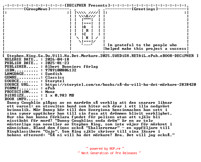 NFO for the release Stephen.King.Sa.Du.Vill.Ha.Det.Morkare.2025.SWEDiSH.RETAiL.ePub.eBOOK-DECiPHER by DECiPHER