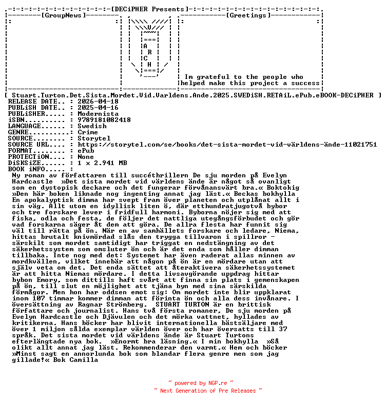 NFO for the release Stuart.Turton.Det.Sista.Mordet.Vid.Varldens.Ande.2025.SWEDiSH.RETAiL.ePub.eBOOK-DECiPHER by DECiPHER