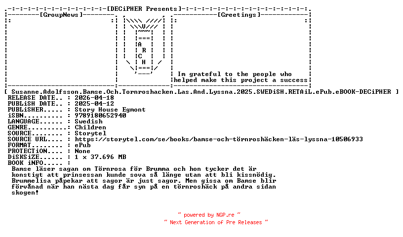 NFO for the release Susanne.Adolfsson.Bamse.Och.Tornroshacken.Las.And.Lyssna.2025.SWEDiSH.RETAiL.ePub.eBOOK-DECiPHER by DECiPHER
