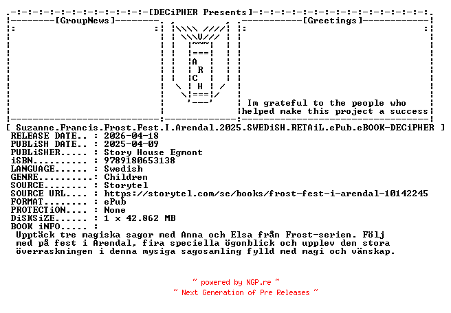 NFO for the release Suzanne.Francis.Frost.Fest.I.Arendal.2025.SWEDiSH.RETAiL.ePub.eBOOK-DECiPHER by DECiPHER