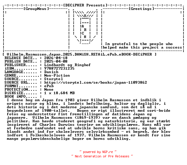 NFO for the release Vilhelm.Rasmussen.Japan.2025.DANiSH.RETAiL.ePub.eBOOK-DECiPHER by DECiPHER