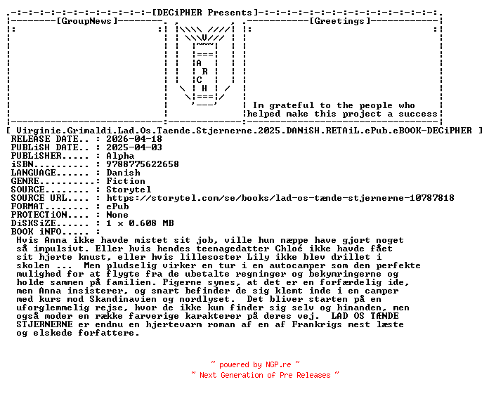 NFO for the release Virginie.Grimaldi.Lad.Os.Taende.Stjernerne.2025.DANiSH.RETAiL.ePub.eBOOK-DECiPHER by DECiPHER