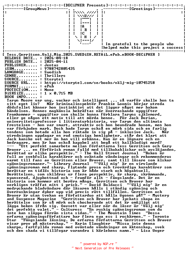 NFO for the release Tess.Gerritsen.Valj.Mig.2025.SWEDiSH.RETAiL.ePub.eBOOK-DECiPHER by DECiPHER