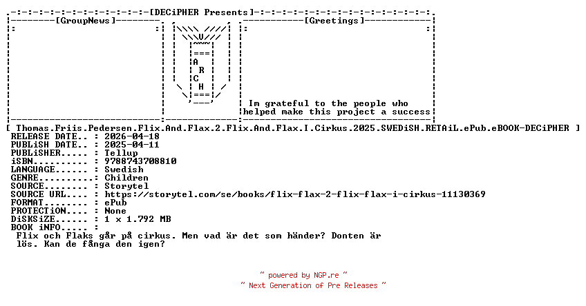 NFO for the release Thomas.Friis.Pedersen.Flix.And.Flax.2.Flix.And.Flax.I.Cirkus.2025.SWEDiSH.RETAiL.ePub.eBOOK-DECiPHER by DECiPHER