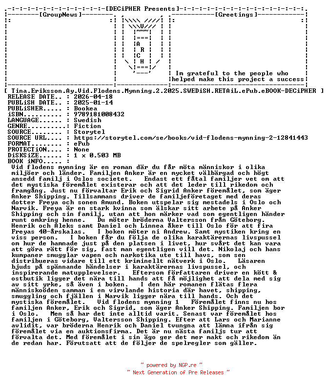 NFO for the release Tina.Eriksson.Ay.Vid.Flodens.Mynning.2.2025.SWEDiSH.RETAiL.ePub.eBOOK-DECiPHER by DECiPHER