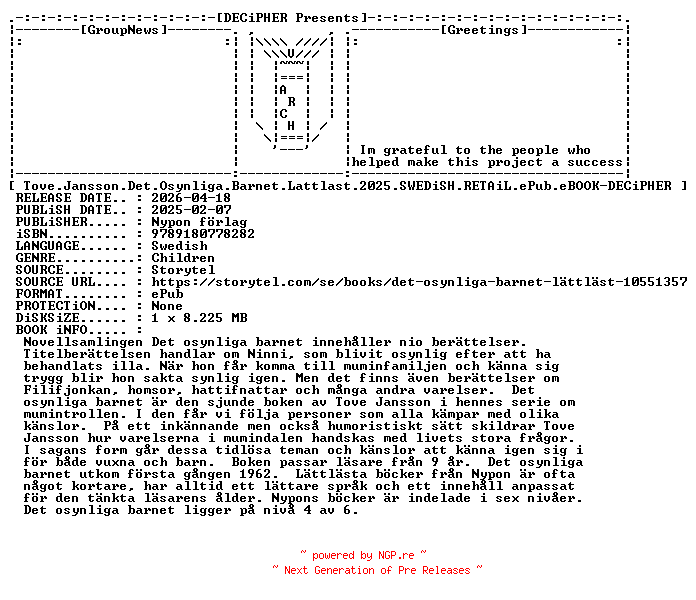 NFO for the release Tove.Jansson.Det.Osynliga.Barnet.Lattlast.2025.SWEDiSH.RETAiL.ePub.eBOOK-DECiPHER by DECiPHER