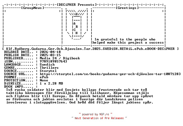 NFO for the release Ulf.Rydberg.Gudarna.Ger.Och.Djavulen.Tar.2025.SWEDiSH.RETAiL.ePub.eBOOK-DECiPHER by DECiPHER