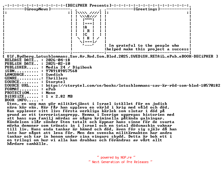 NFO for the release Ulf.Rydberg.Lotusblommans.Sav.Ar.Rod.Som.Blod.2025.SWEDiSH.RETAiL.ePub.eBOOK-DECiPHER by DECiPHER