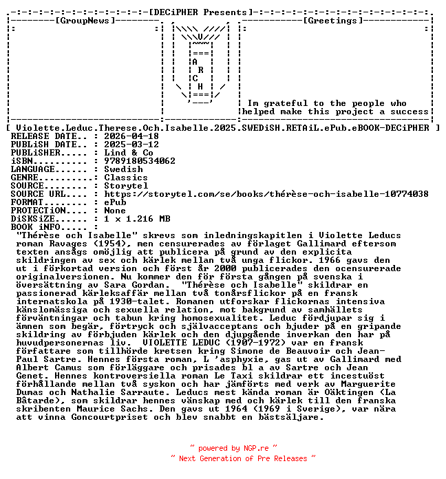 NFO for the release Violette.Leduc.Therese.Och.Isabelle.2025.SWEDiSH.RETAiL.ePub.eBOOK-DECiPHER by DECiPHER