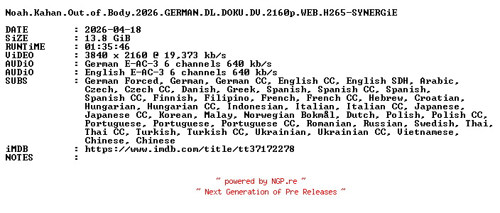 NFO for the release Noah.Kahan.Out.of.Body.2026.GERMAN.DL.DOKU.DV.2160p.WEB.H265-SYNERGiE by SYNERGiE