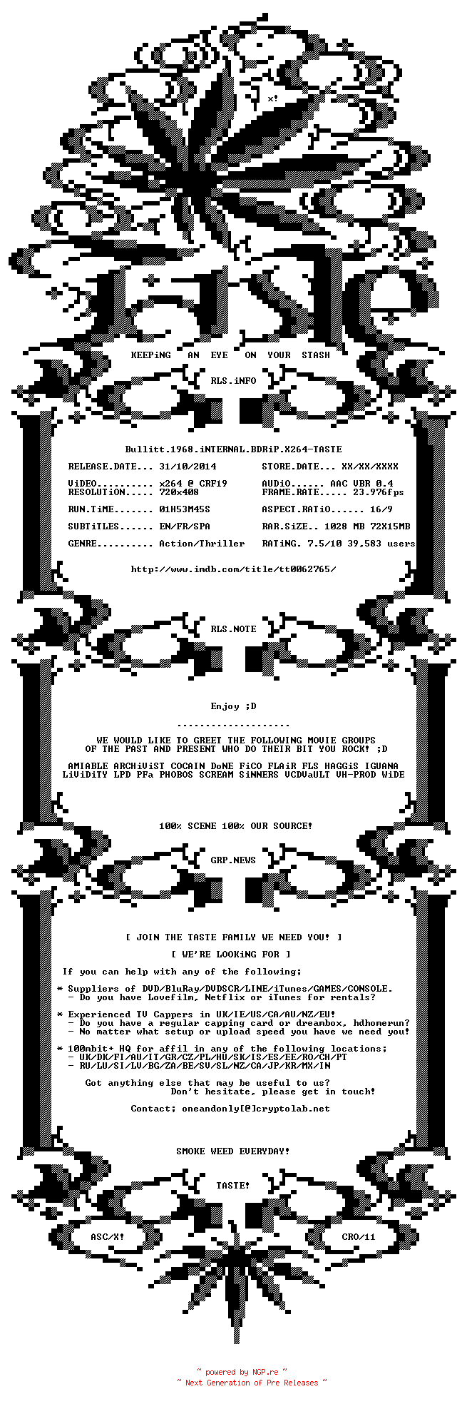 NFO for the release Bullitt.1968.iNTERNAL.BDRiP.X264-TASTE by TASTE
