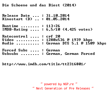NFO for the release Die.Schoene.und.das.Biest.2014.German.720p.BluRay.x264-EXQUiSiTE by EXQUiSiTE