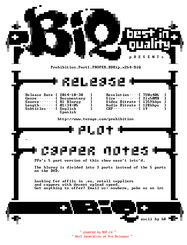 NFO for the release Prohibition.Part1.PROPER.BDRip.x264-BiQ by BiQ